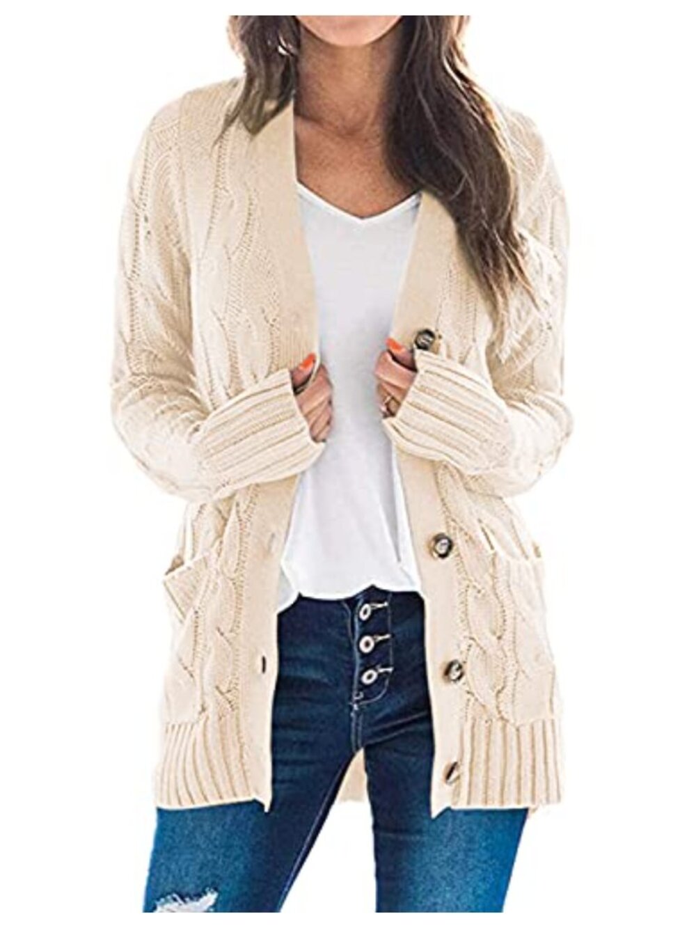 Cable Knit Long Sleeve Button Cardigan Sweater with Pocket